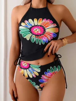 Clearance Retro Stage 1960s Halter Neon Daisy Lace-Up Tankini Set Black