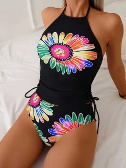 Clearance Retro Stage 1960s Halter Neon Daisy Lace-Up Tankini Set Black