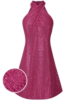 Sale Retro Stage 1980s Halter Off-Shoulder Sequined Dress