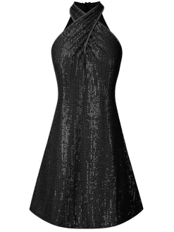 Sale Retro Stage 1980s Halter Off-Shoulder Sequined Dress