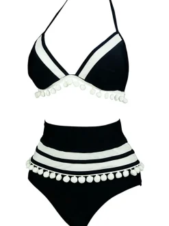 Sale Retro Stage 1970s Halter Patchwork Pom Pom Swimsuit