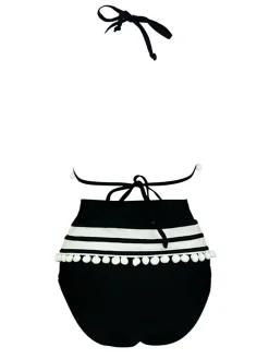 Sale Retro Stage 1970s Halter Patchwork Pom Pom Swimsuit