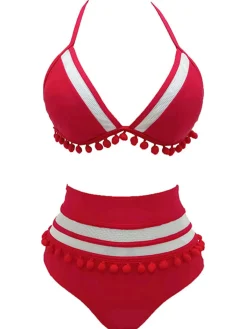 Sale Retro Stage 1970s Halter Patchwork Pom Pom Swimsuit