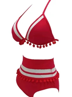 Sale Retro Stage 1970s Halter Patchwork Pom Pom Swimsuit