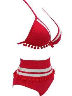 Sale Retro Stage 1970s Halter Patchwork Pom Pom Swimsuit