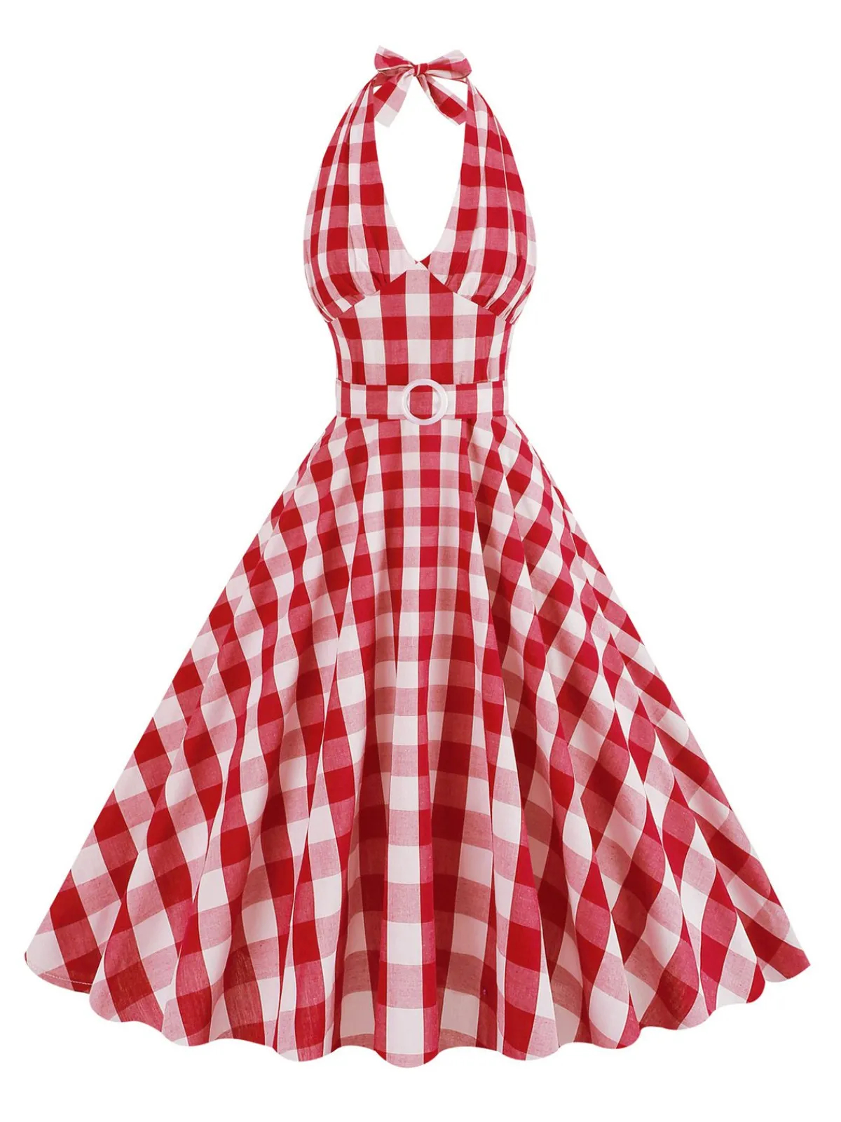 Discount Retro Stage 1950s Halter Plaid Belted Swing Dress