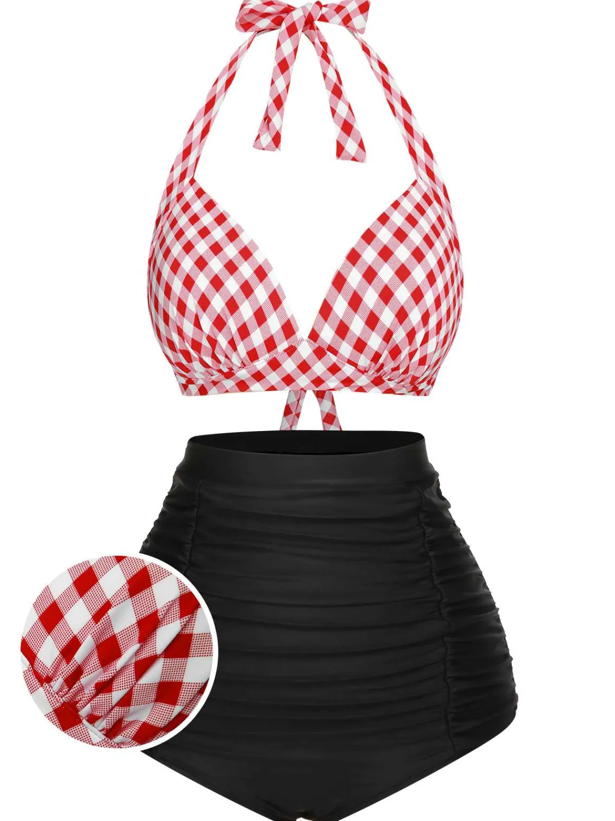 Sale Retro Stage 1950s Halter Plaids Lace-Up Swimsuit