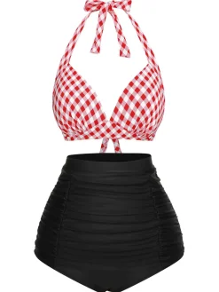 Sale Retro Stage 1950s Halter Plaids Lace-Up Swimsuit