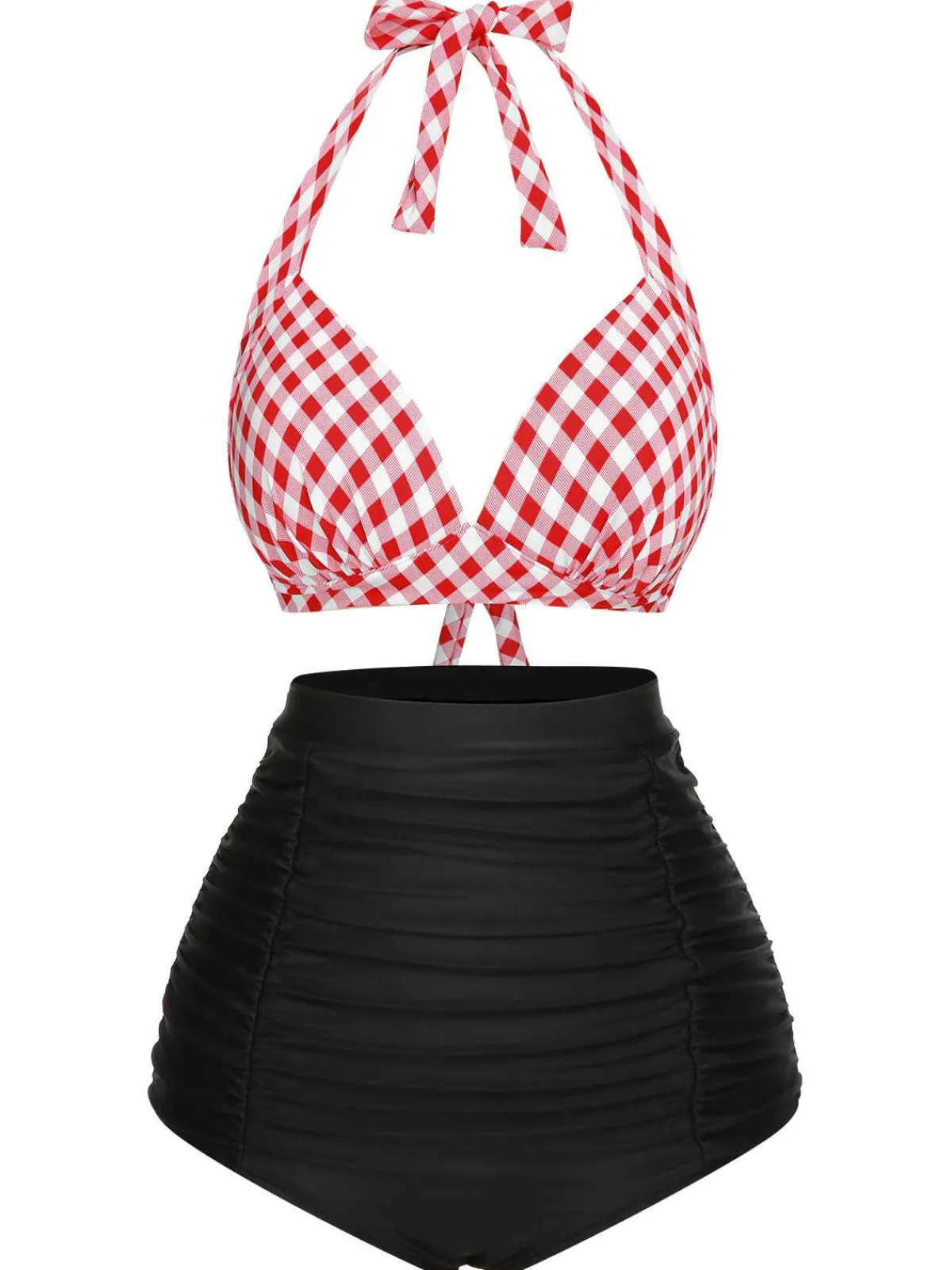 Sale Retro Stage 1950s Halter Plaids Lace-Up Swimsuit