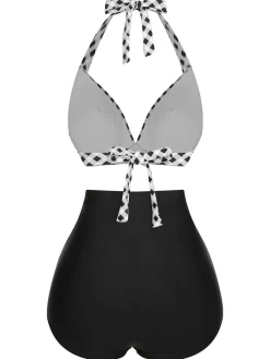 Sale Retro Stage 1950s Halter Plaids Lace-Up Swimsuit