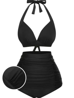 Sale Retro Stage 1950s Halter Plaids Lace-Up Swimsuit