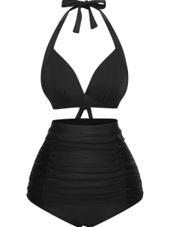 Sale Retro Stage 1950s Halter Plaids Lace-Up Swimsuit