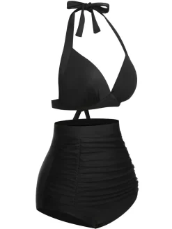 Sale Retro Stage 1950s Halter Plaids Lace-Up Swimsuit