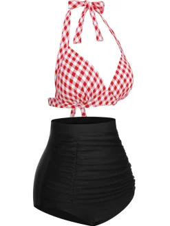Sale Retro Stage 1950s Halter Plaids Lace-Up Swimsuit