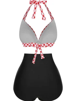 Sale Retro Stage 1950s Halter Plaids Lace-Up Swimsuit