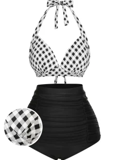 Sale Retro Stage 1950s Halter Plaids Lace-Up Swimsuit