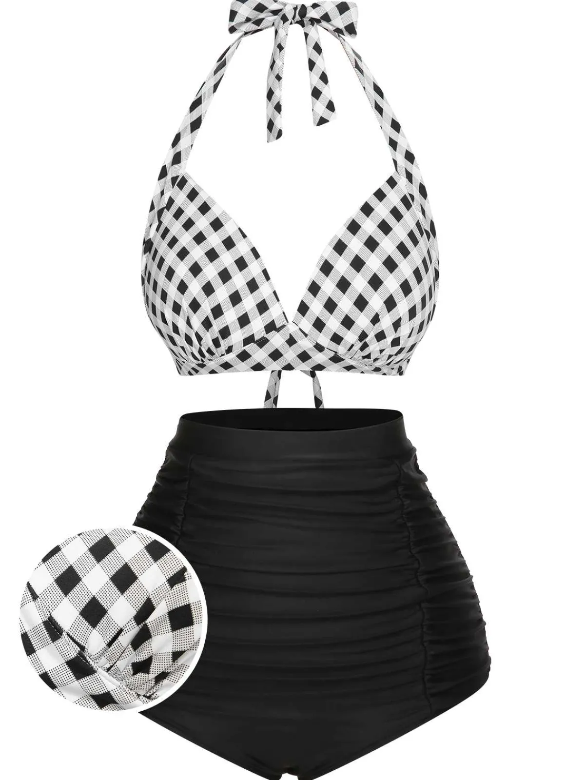 Sale Retro Stage 1950s Halter Plaids Lace-Up Swimsuit
