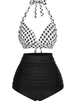 Sale Retro Stage 1950s Halter Plaids Lace-Up Swimsuit
