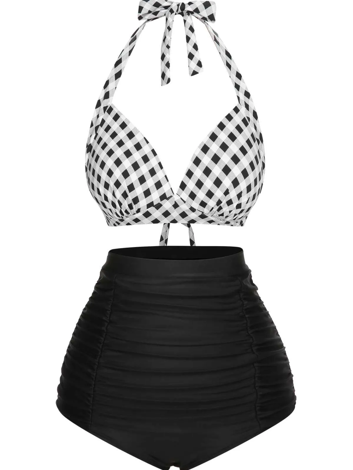 Sale Retro Stage 1950s Halter Plaids Lace-Up Swimsuit