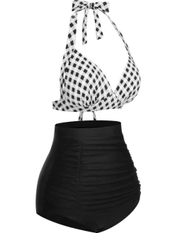 Sale Retro Stage 1950s Halter Plaids Lace-Up Swimsuit