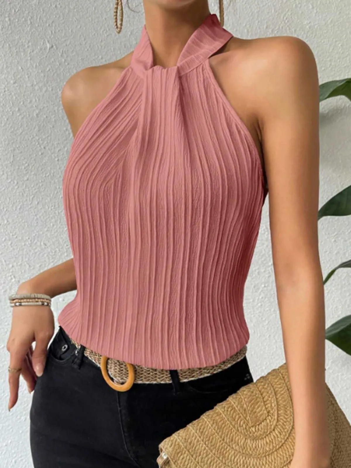 Clearance Retro Stage 1970s Halter Pleated Sleeveless Solid Top
