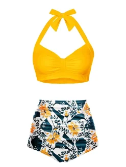 Discount Retro Stage 1940s Halter Pleated Solid Swimsuit