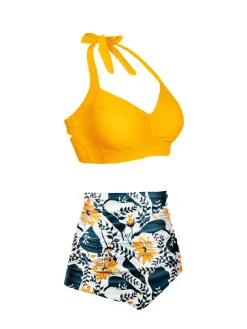 Discount Retro Stage 1940s Halter Pleated Solid Swimsuit