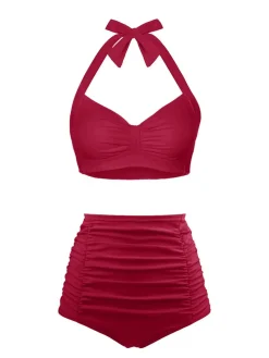 Discount Retro Stage 1940s Halter Pleated Solid Swimsuit