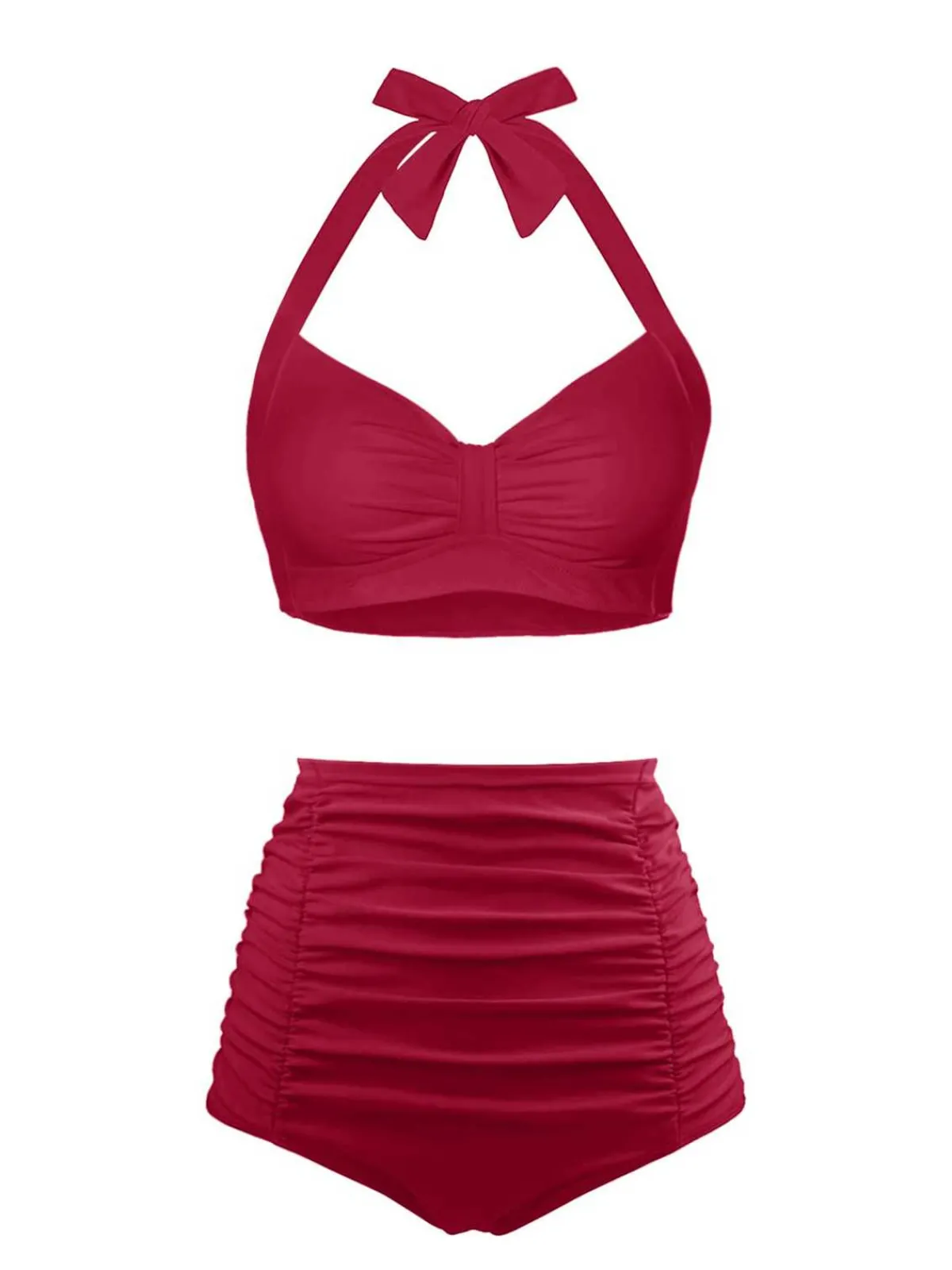 Discount Retro Stage 1940s Halter Pleated Solid Swimsuit