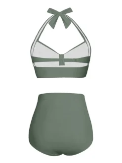 Discount Retro Stage 1940s Halter Pleated Solid Swimsuit