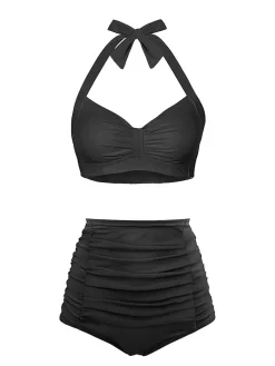 Discount Retro Stage 1940s Halter Pleated Solid Swimsuit