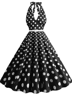 Clearance Retro Stage 1950s Halter Polka Dot Print Swing Dress