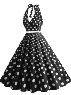 Clearance Retro Stage 1950s Halter Polka Dot Print Swing Dress