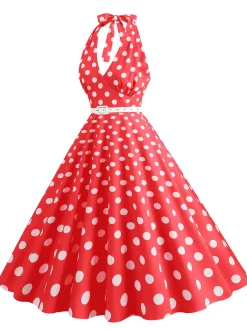 Clearance Retro Stage 1950s Halter Polka Dot Print Swing Dress