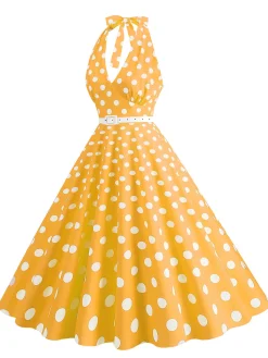 Clearance Retro Stage 1950s Halter Polka Dot Print Swing Dress
