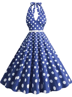 Clearance Retro Stage 1950s Halter Polka Dot Print Swing Dress