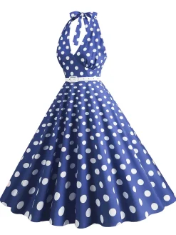 Clearance Retro Stage 1950s Halter Polka Dot Print Swing Dress