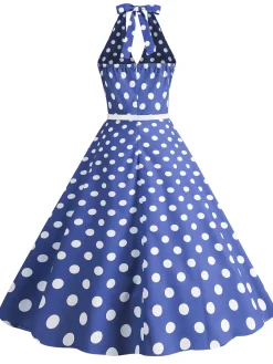 Clearance Retro Stage 1950s Halter Polka Dot Print Swing Dress