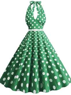 Clearance Retro Stage 1950s Halter Polka Dot Print Swing Dress