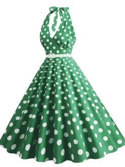 Clearance Retro Stage 1950s Halter Polka Dot Print Swing Dress