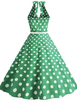 Clearance Retro Stage 1950s Halter Polka Dot Print Swing Dress