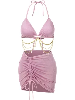 Discount Retro Stage 1970s Halter Shimmery Chain Crystal Bikini & Cover-Up Pink