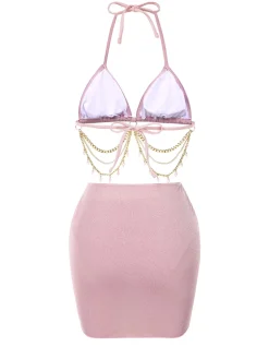 Discount Retro Stage 1970s Halter Shimmery Chain Crystal Bikini & Cover-Up Pink