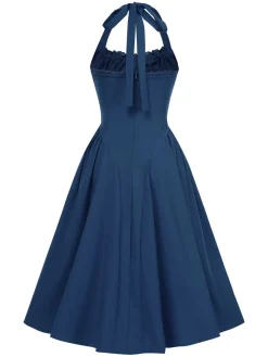 Online Retro Stage 1950s Halter Solid Swing Corset Dress