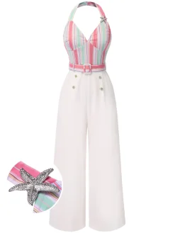 Outlet Retro Stage 1950s Halter Starfish Colorful Stripes Belted Jumpsuit Multicolor