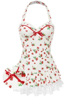 Discount Retro Stage 1950s Halter Strawberry Lace Bow Swimdress Red & White