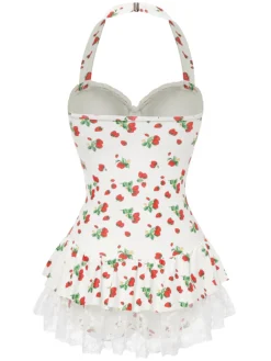 Discount Retro Stage 1950s Halter Strawberry Lace Bow Swimdress Red & White