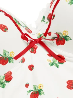 Discount Retro Stage 1950s Halter Strawberry Lace Bow Swimdress Red & White