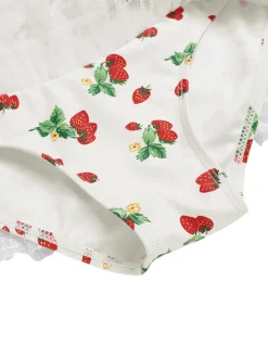 Discount Retro Stage 1950s Halter Strawberry Lace Bow Swimdress Red & White