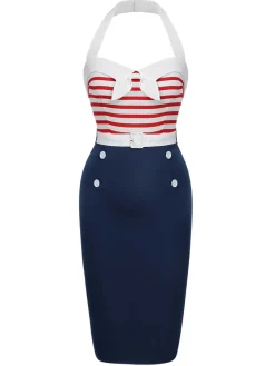 Sale Retro Stage 1960s Halter Stripes Bow Belted Dress Dark Blue